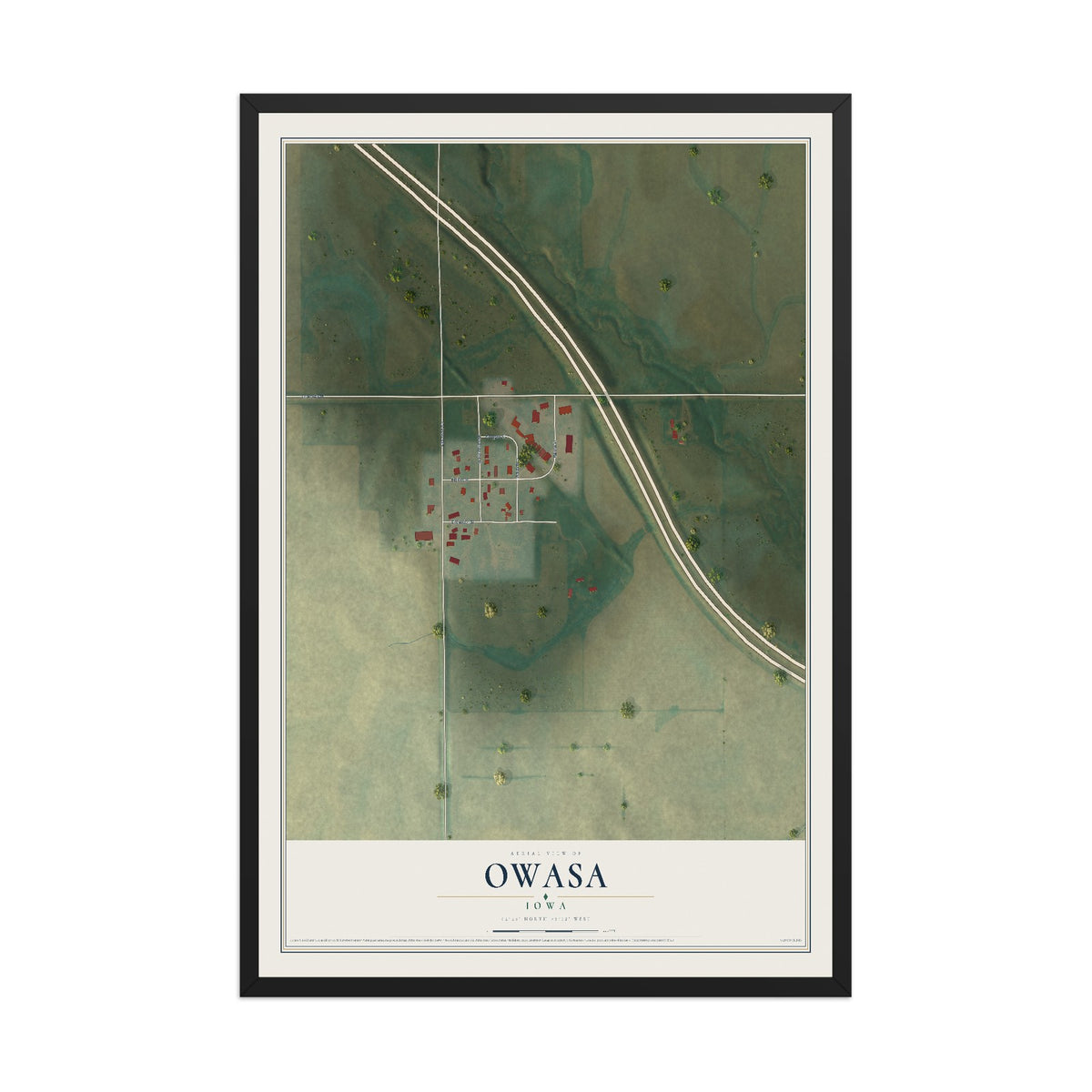 Map of Owasa, Iowa, 12 x 18 inch print in a black wood frame