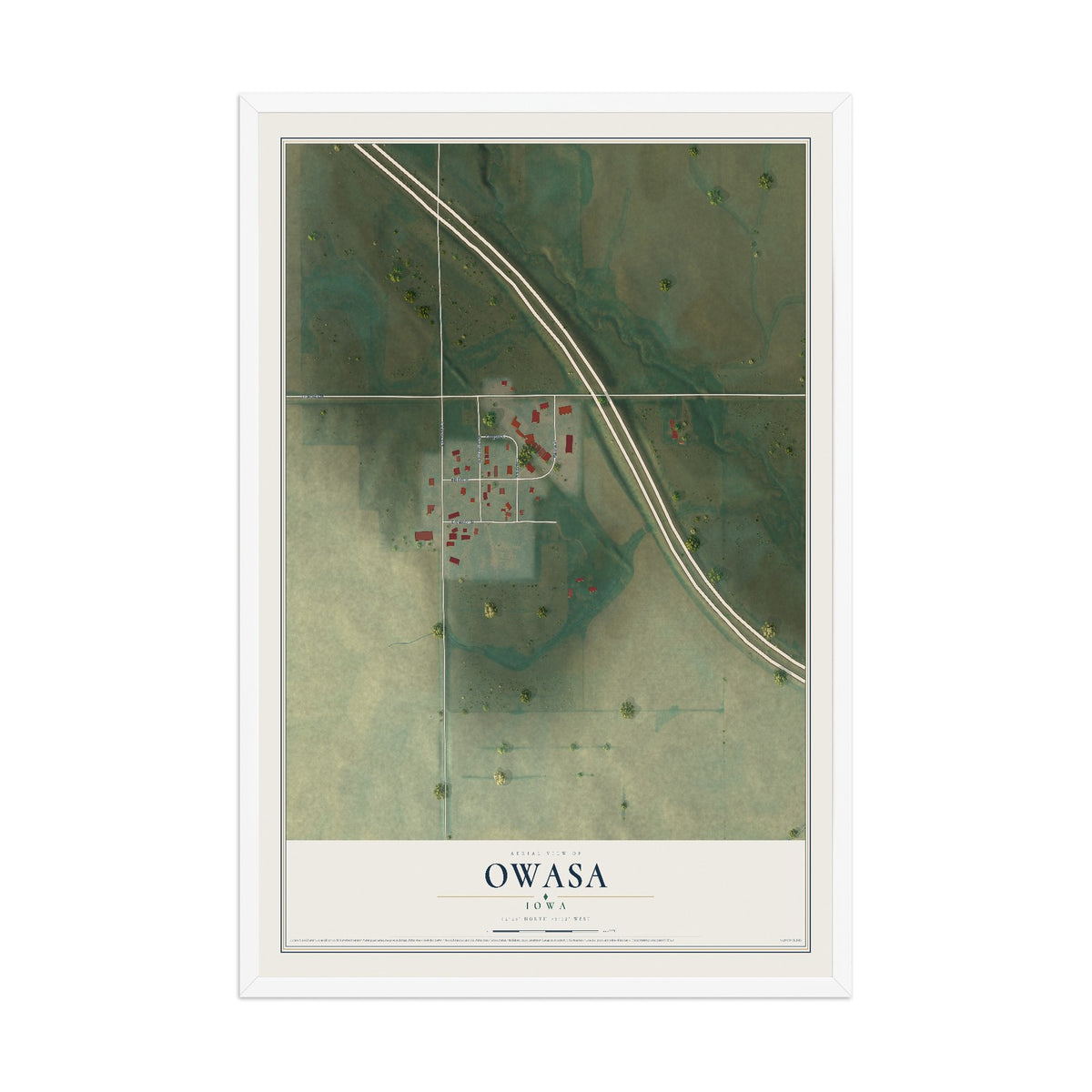 Map of Owasa, Iowa, 12 x 18 inch print in a white wood frame