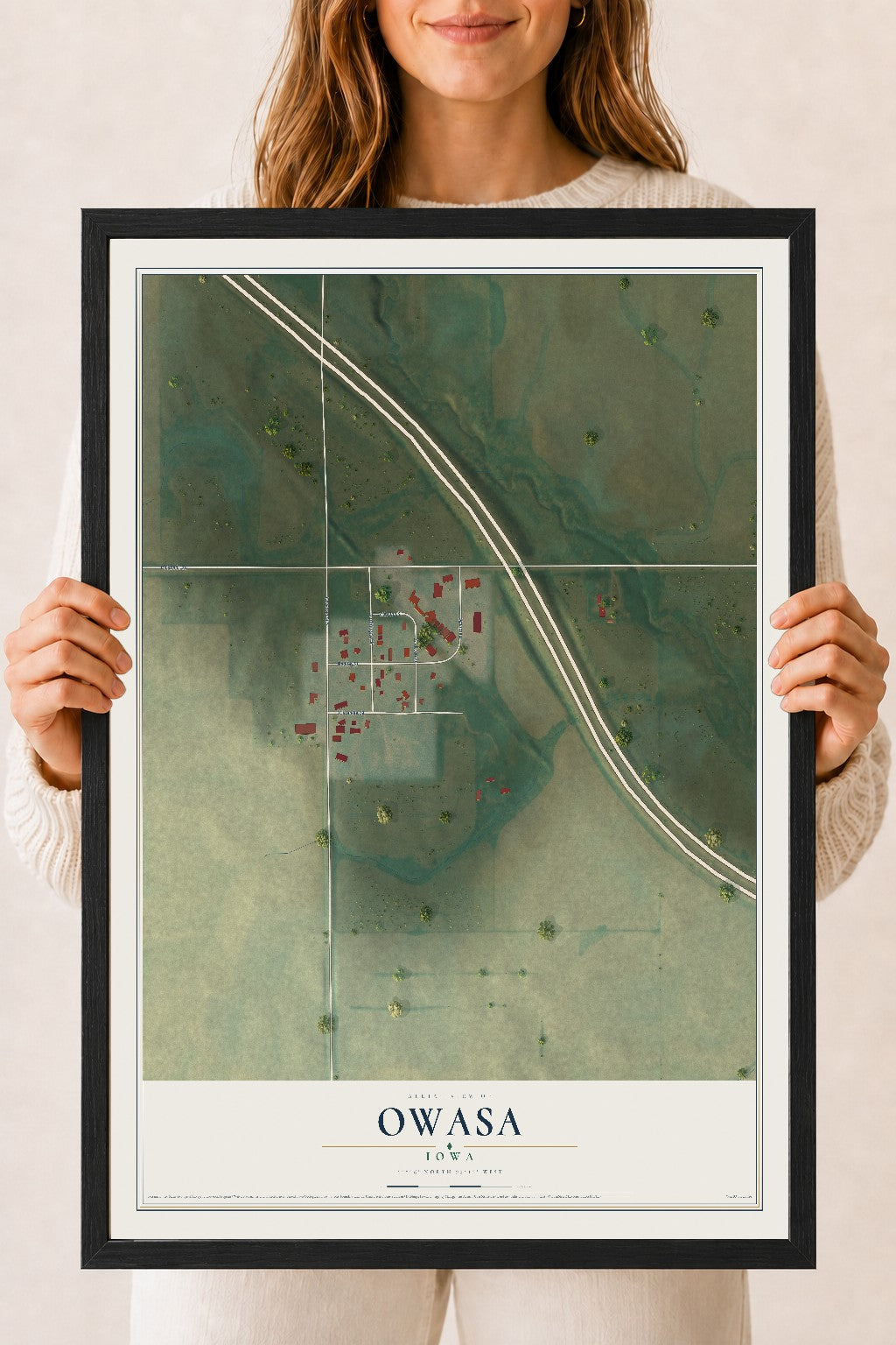 Map of Owasa, Iowa, 18 x 24 inch print in a black wood frame