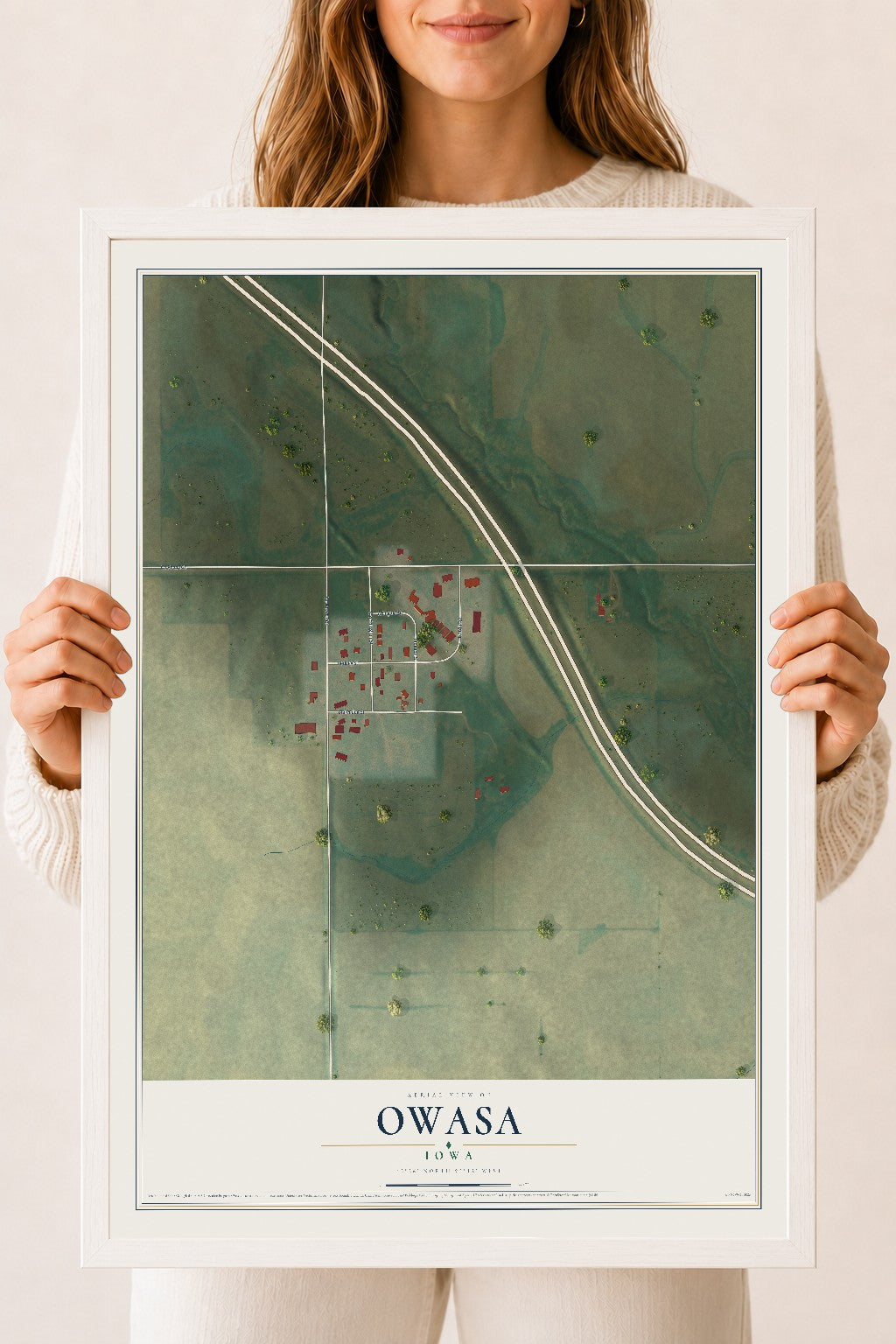 Map of Owasa, Iowa, 18 x 24 inch print in a white wood frame