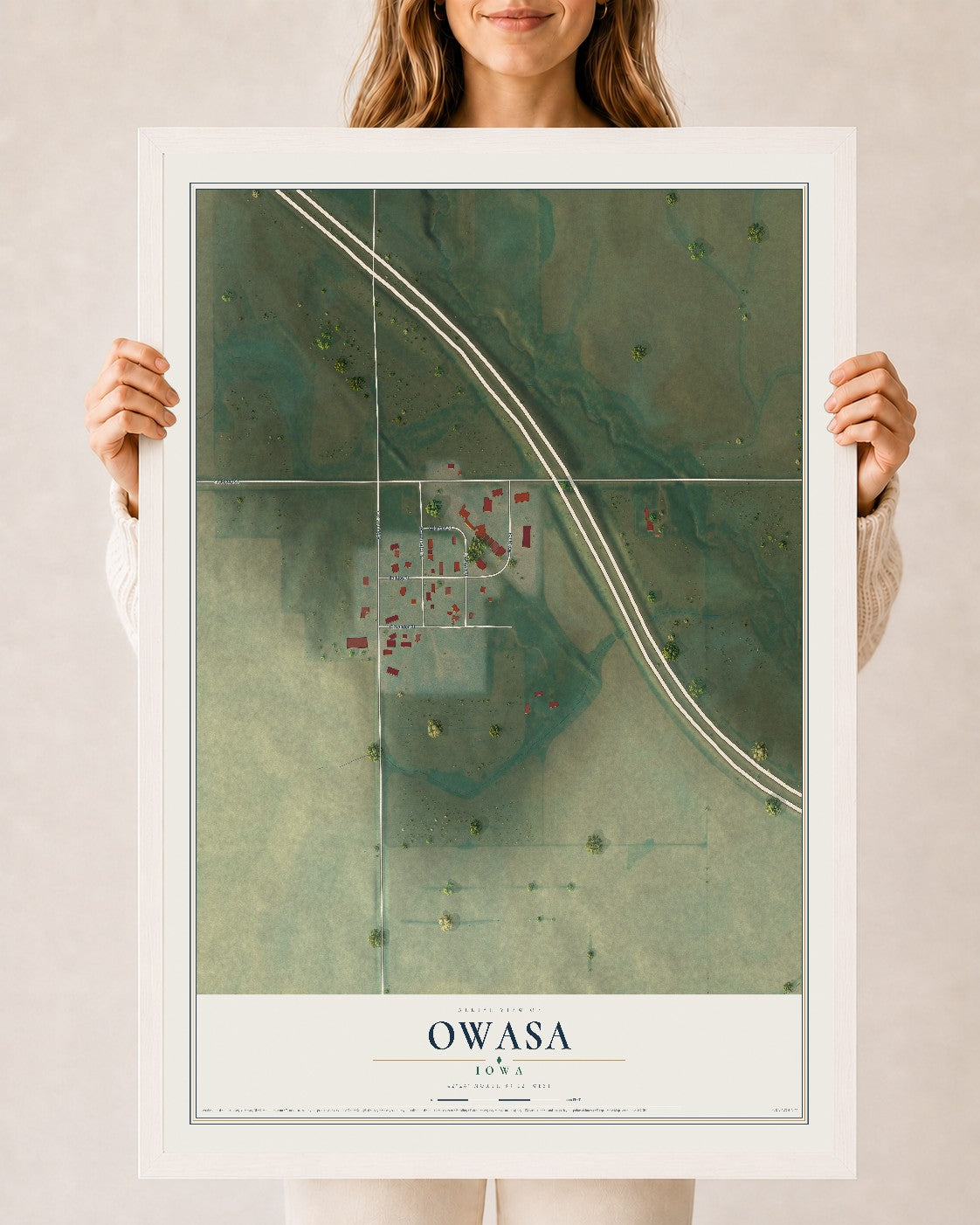 Map of Owasa, Iowa, 24 x 36 inch print in a white wood frame