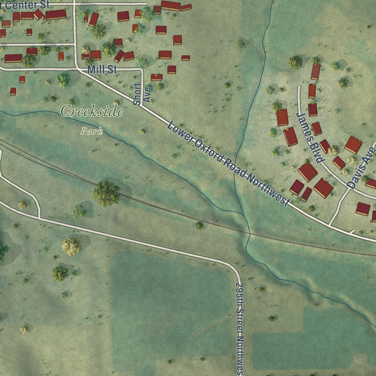 Second close-up of the map of Oxford, Iowa print showing more streets and buildings