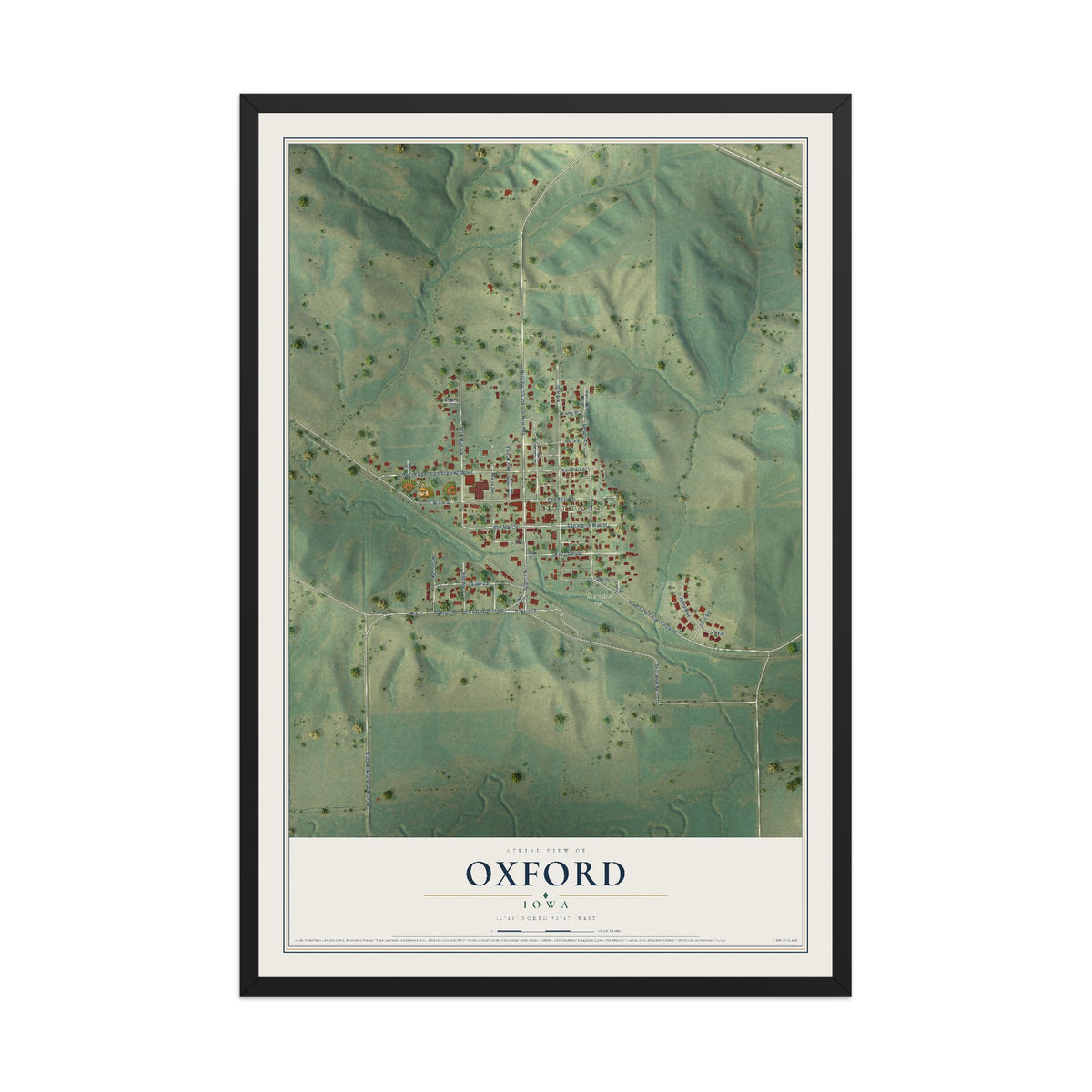 Map of Oxford, Iowa, 12 x 18 inch print in a black wood frame