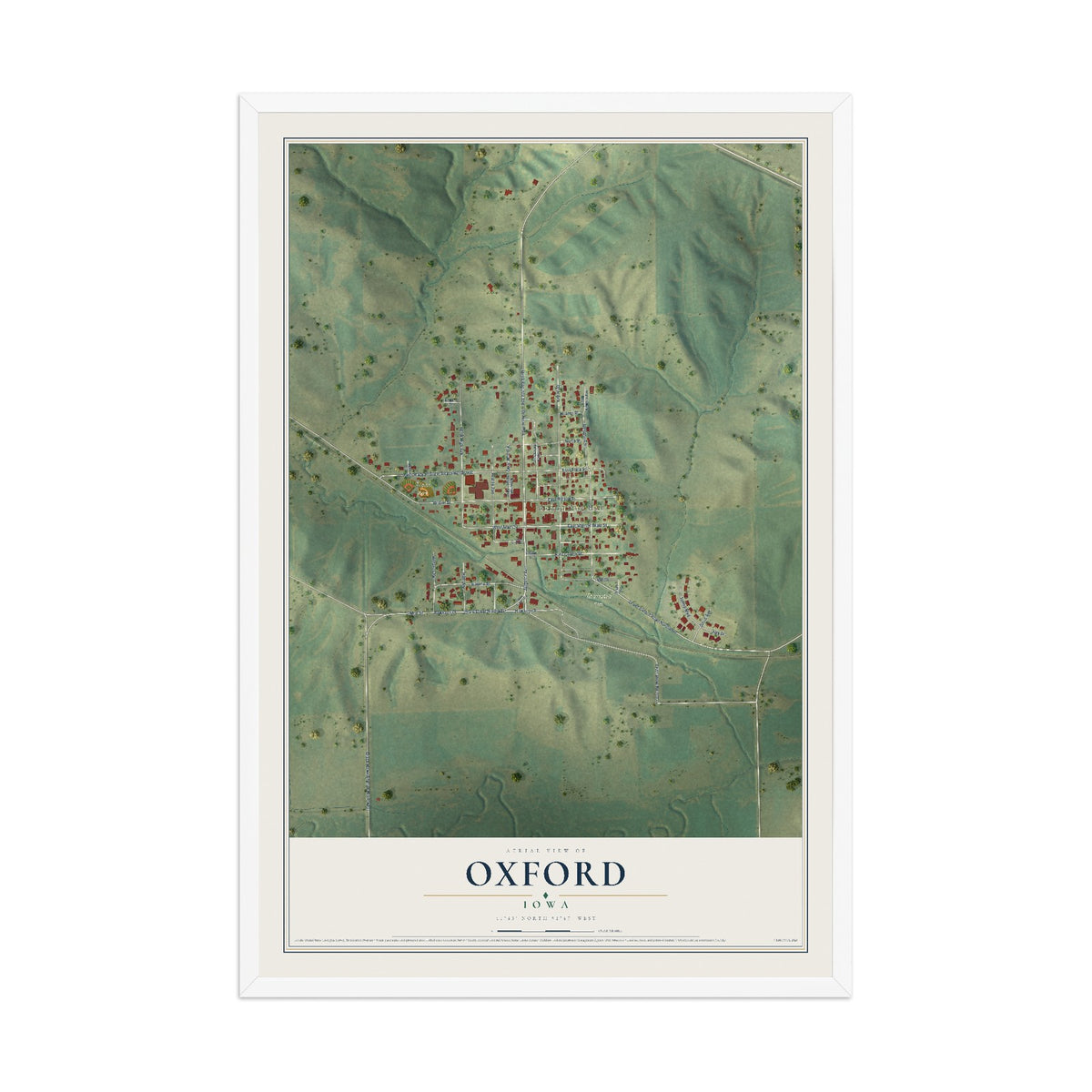 Map of Oxford, Iowa, 12 x 18 inch print in a white wood frame