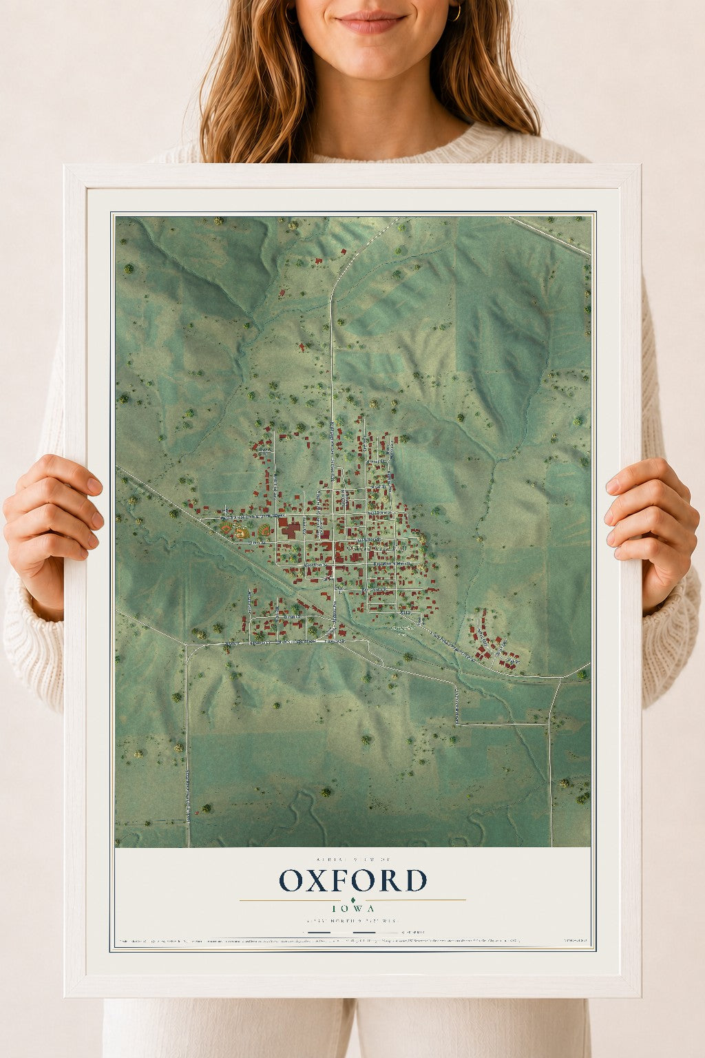 Map of Oxford, Iowa, 18 x 24 inch print in a white wood frame