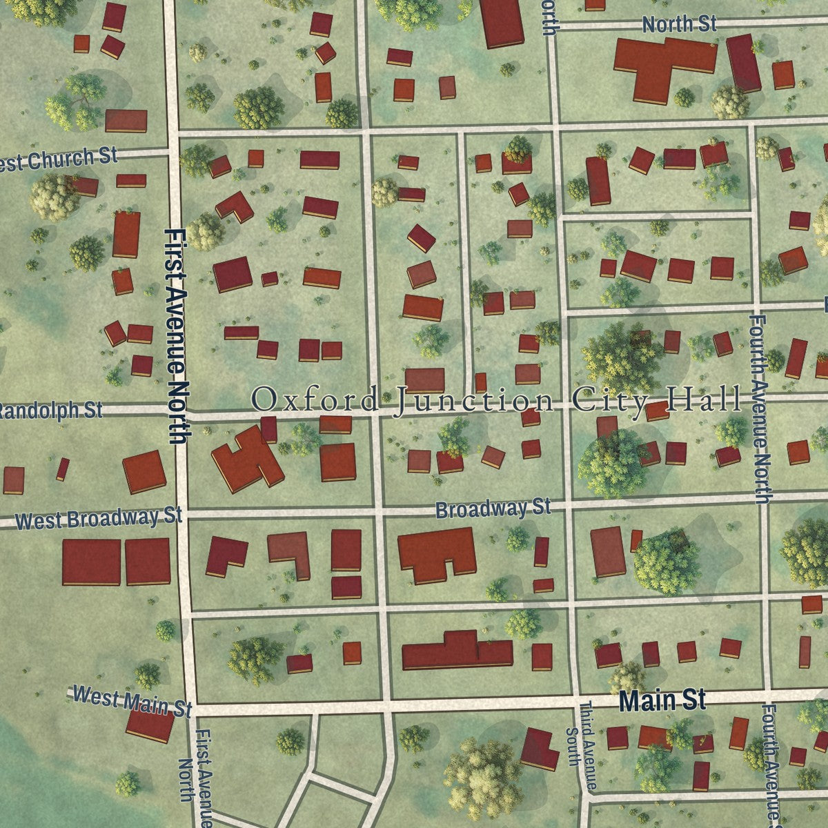 Close-up of the map of Oxford Junction, Iowa print showing street and building detail