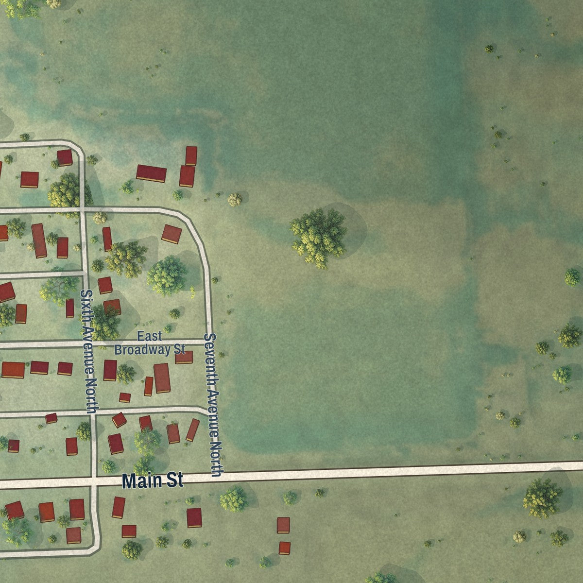 Second close-up of the map of Oxford Junction, Iowa print showing more streets and buildings