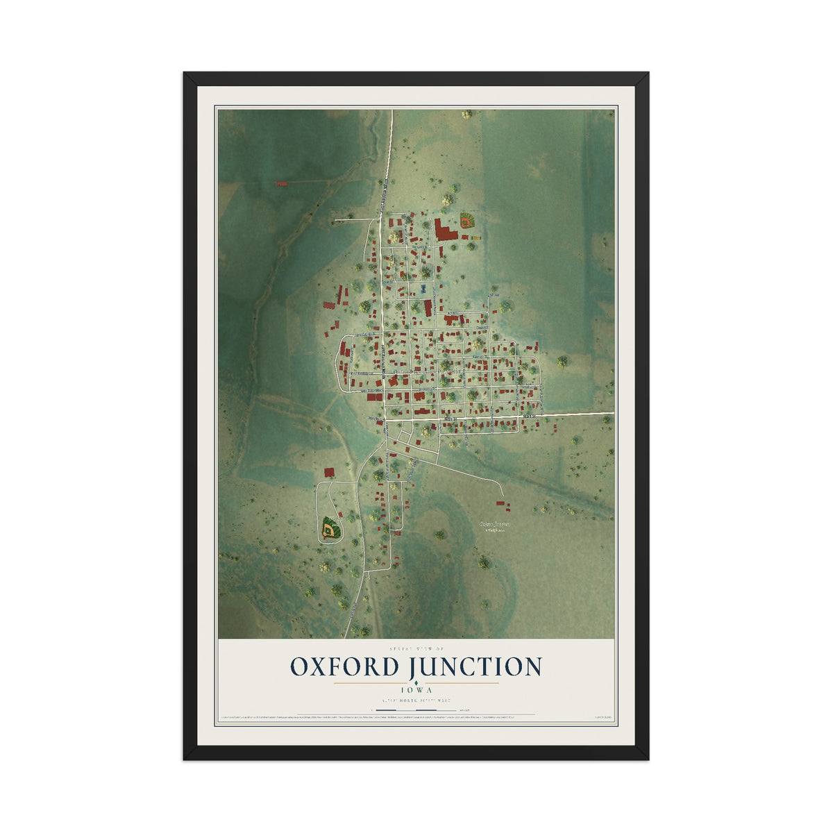 Map of Oxford Junction, Iowa, 12 x 18 inch print in a black wood frame
