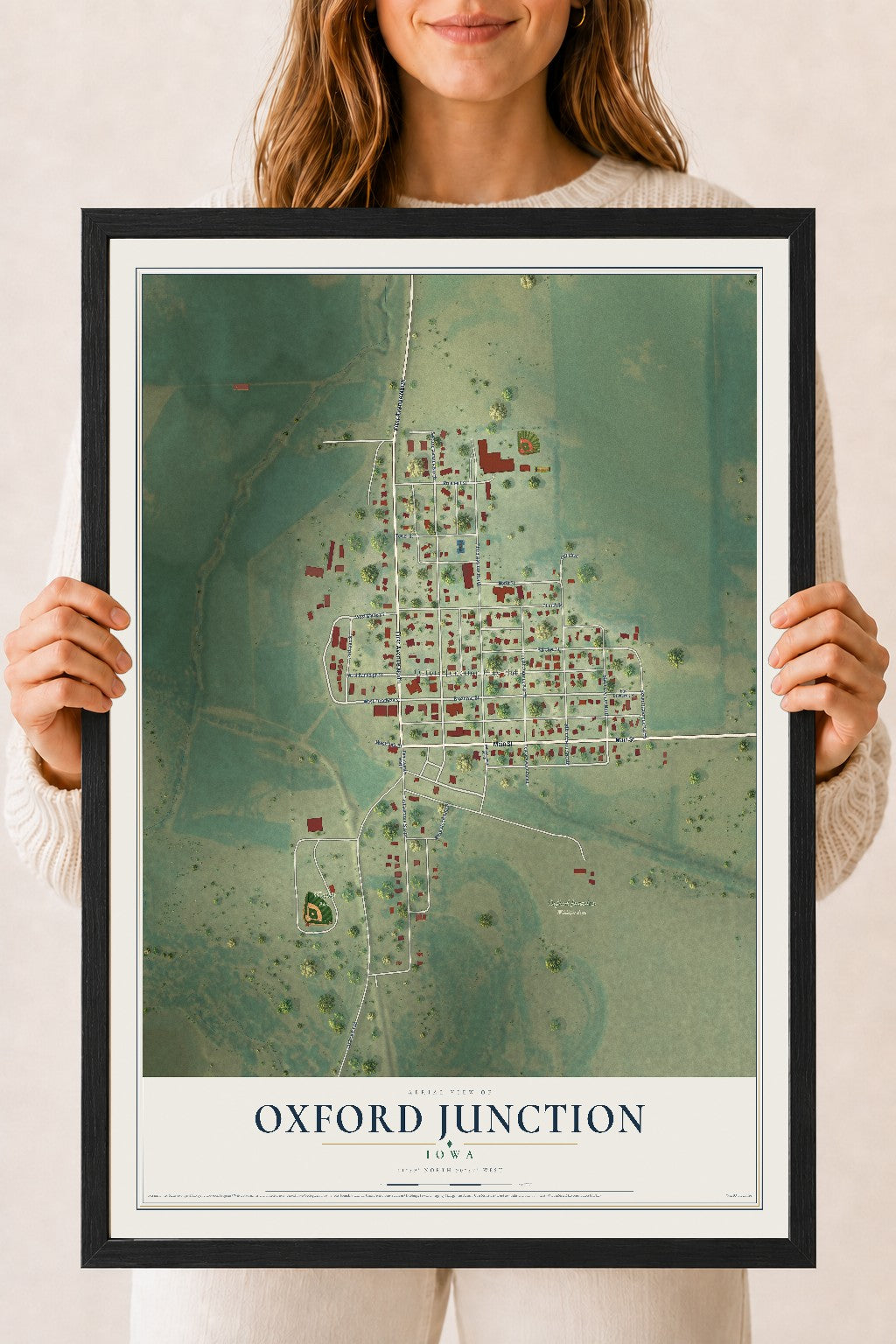 Map of Oxford Junction, Iowa, 18 x 24 inch print in a black wood frame