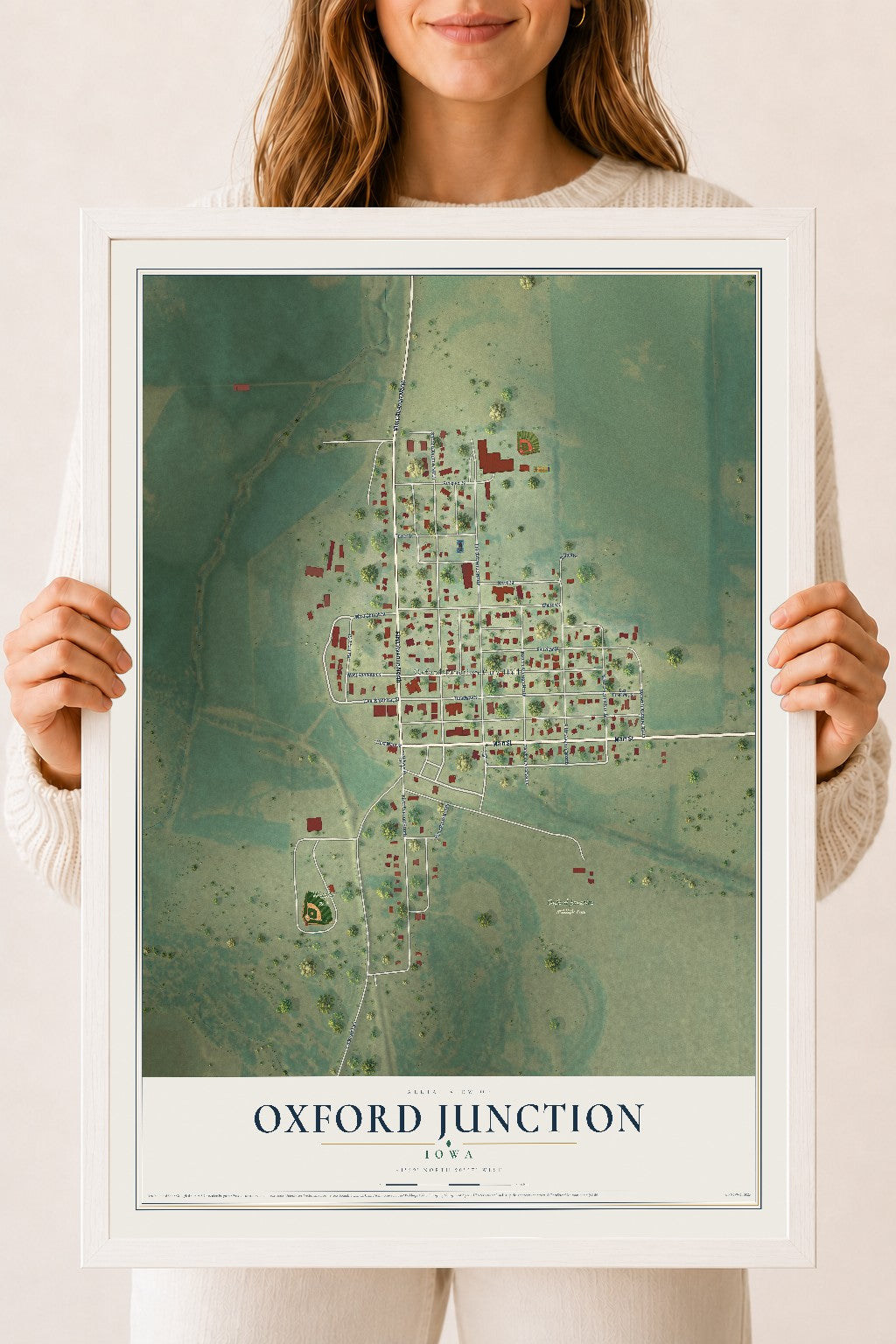 Map of Oxford Junction, Iowa, 18 x 24 inch print in a white wood frame