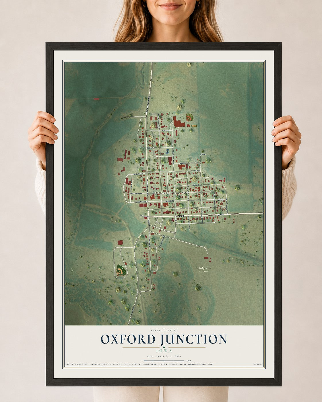 Map of Oxford Junction, Iowa, 24 x 36 inch print in a black wood frame