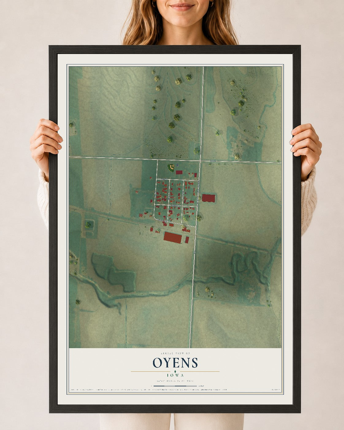 Map of Oyens, Iowa, 24 x 36 inch print in a black wood frame