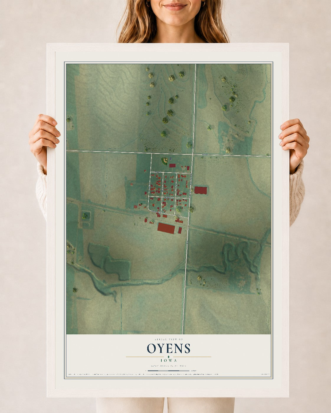 Map of Oyens, Iowa, 24 x 36 inch print in a white wood frame