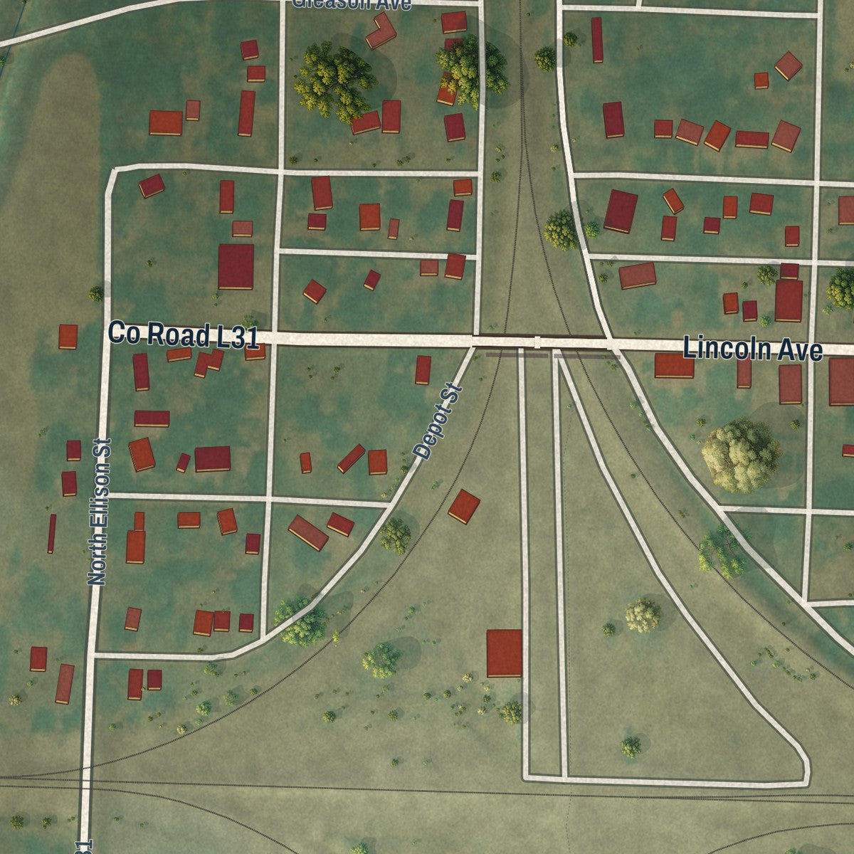 Close-up of the map of Pacific Junction, Iowa print showing street and building detail