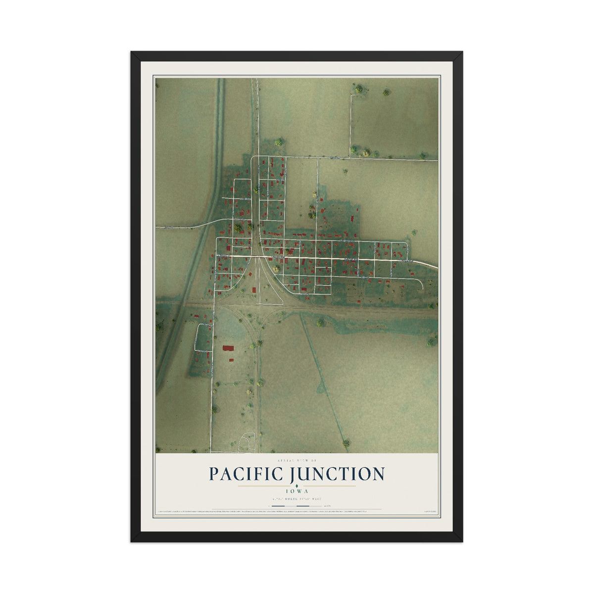 Map of Pacific Junction, Iowa, 12 x 18 inch print in a black wood frame