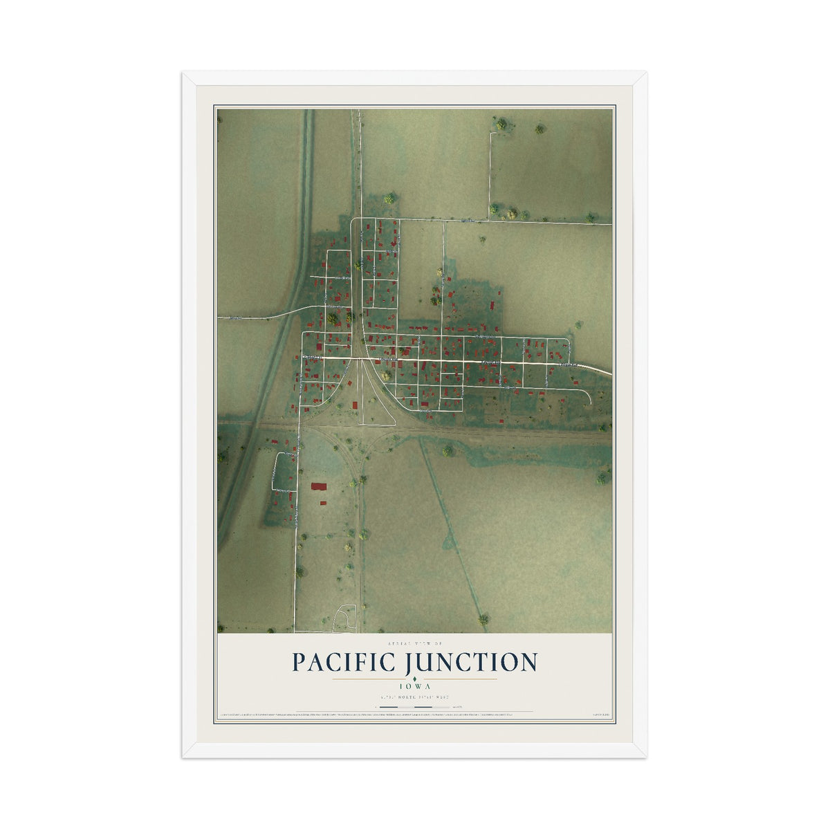 Map of Pacific Junction, Iowa, 12 x 18 inch print in a white wood frame