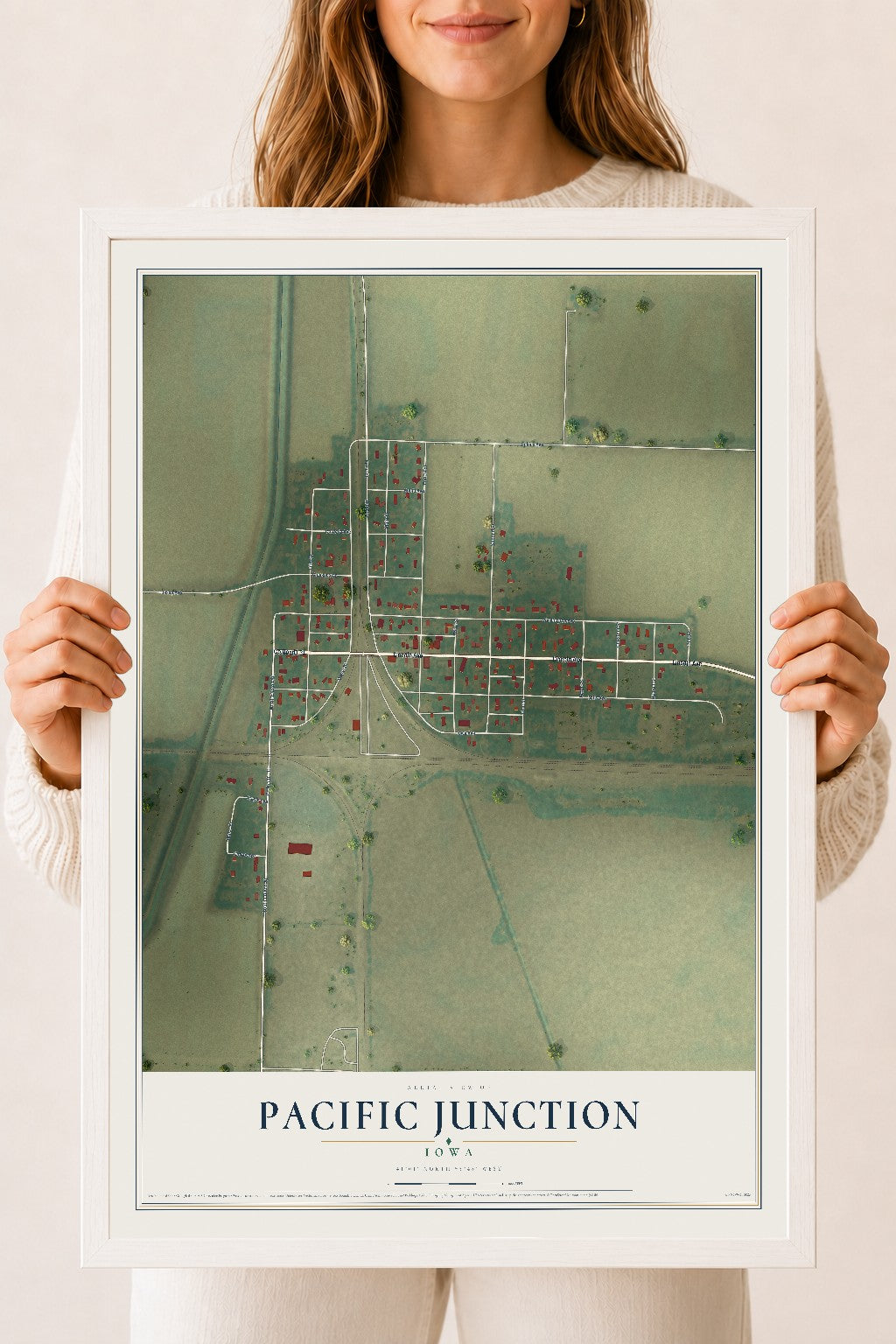 Map of Pacific Junction, Iowa, 18 x 24 inch print in a white wood frame
