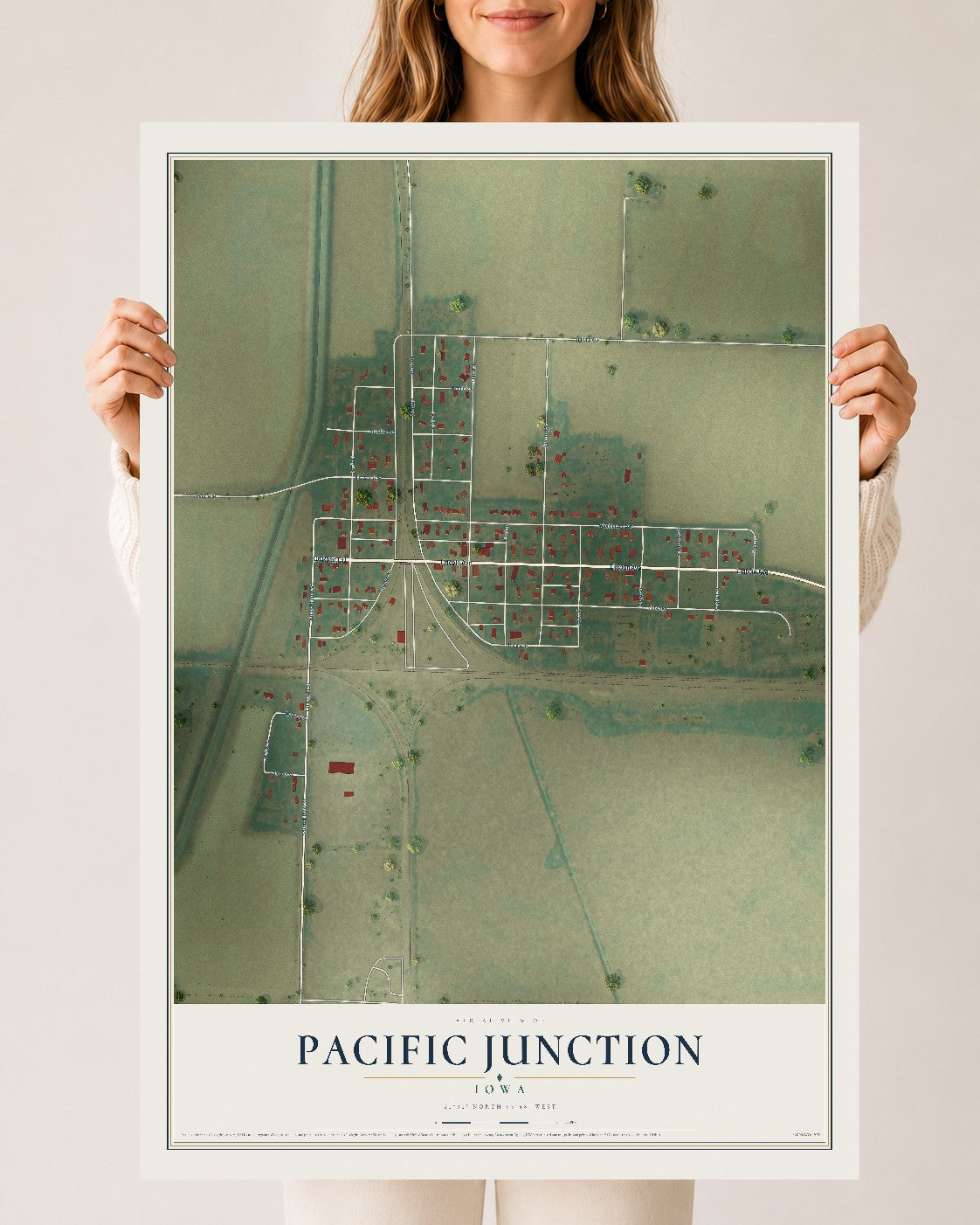 Map of Pacific Junction, Iowa, 24 x 36 inch unframed archival matte print