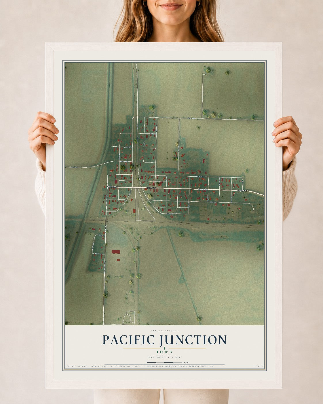 Map of Pacific Junction, Iowa, 24 x 36 inch print in a white wood frame