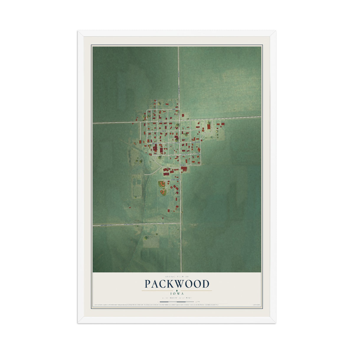 Map of Packwood, Iowa, 12 x 18 inch print in a white wood frame