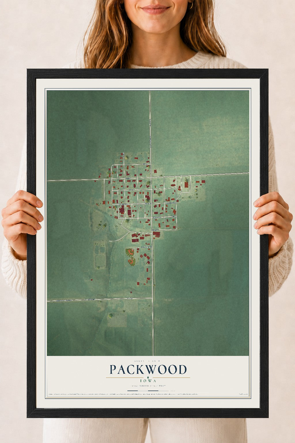 Map of Packwood, Iowa, 18 x 24 inch print in a black wood frame