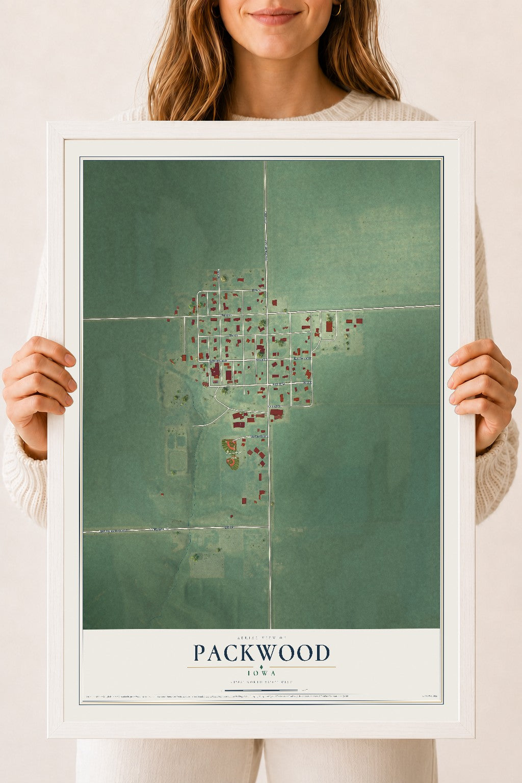 Map of Packwood, Iowa, 18 x 24 inch print in a white wood frame