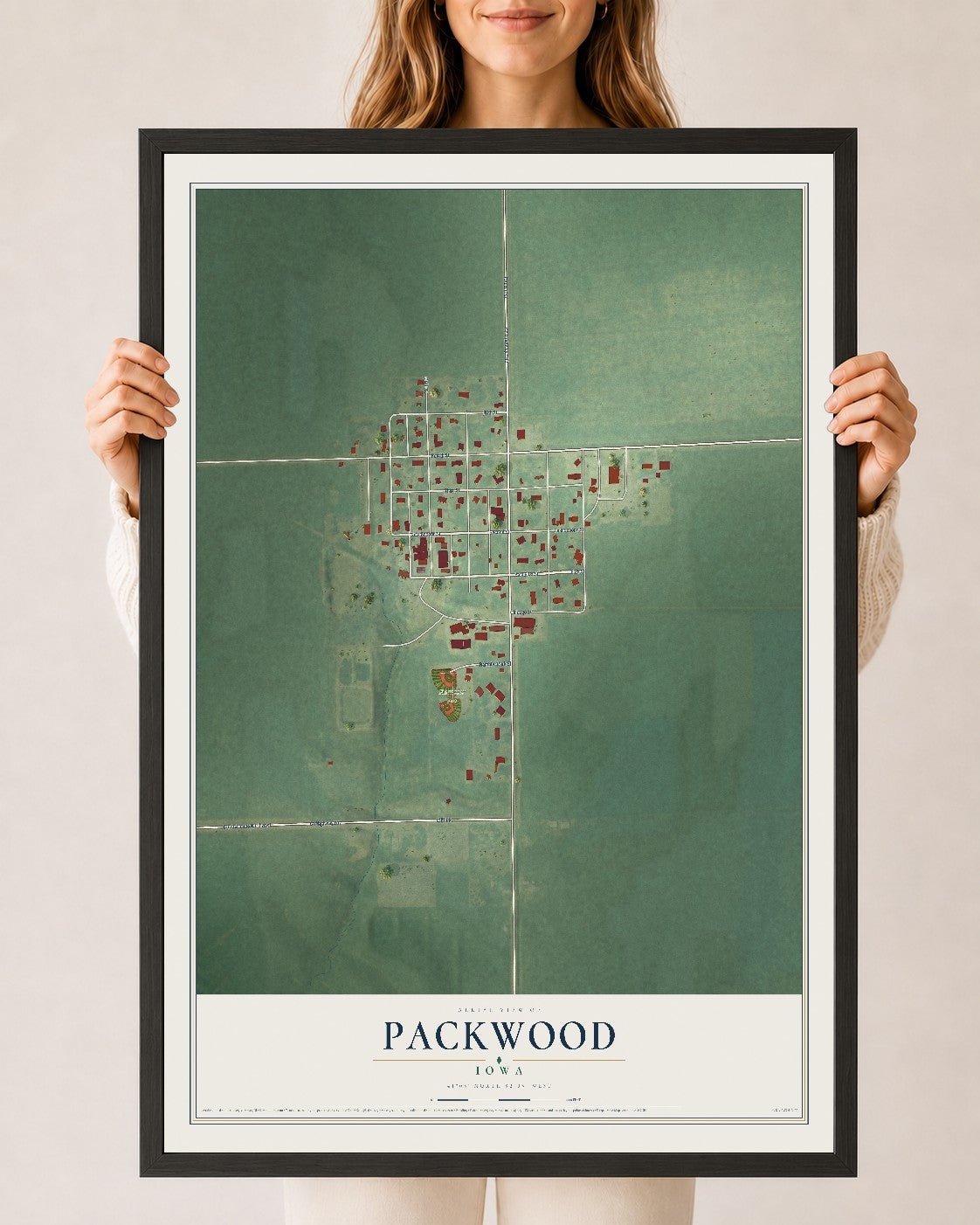 Map of Packwood, Iowa, 24 x 36 inch print in a black wood frame