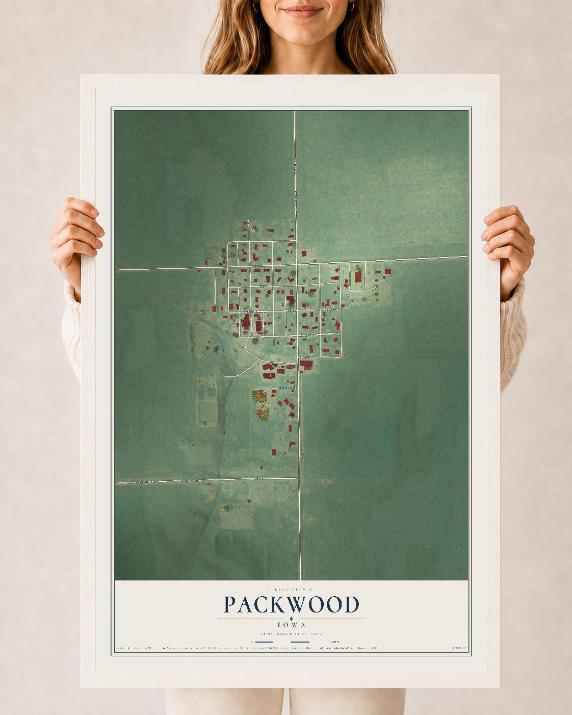 Map of Packwood, Iowa, 24 x 36 inch print in a white wood frame