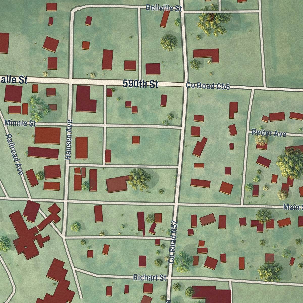 Close-up of the map of Palmer, Iowa print showing street and building detail