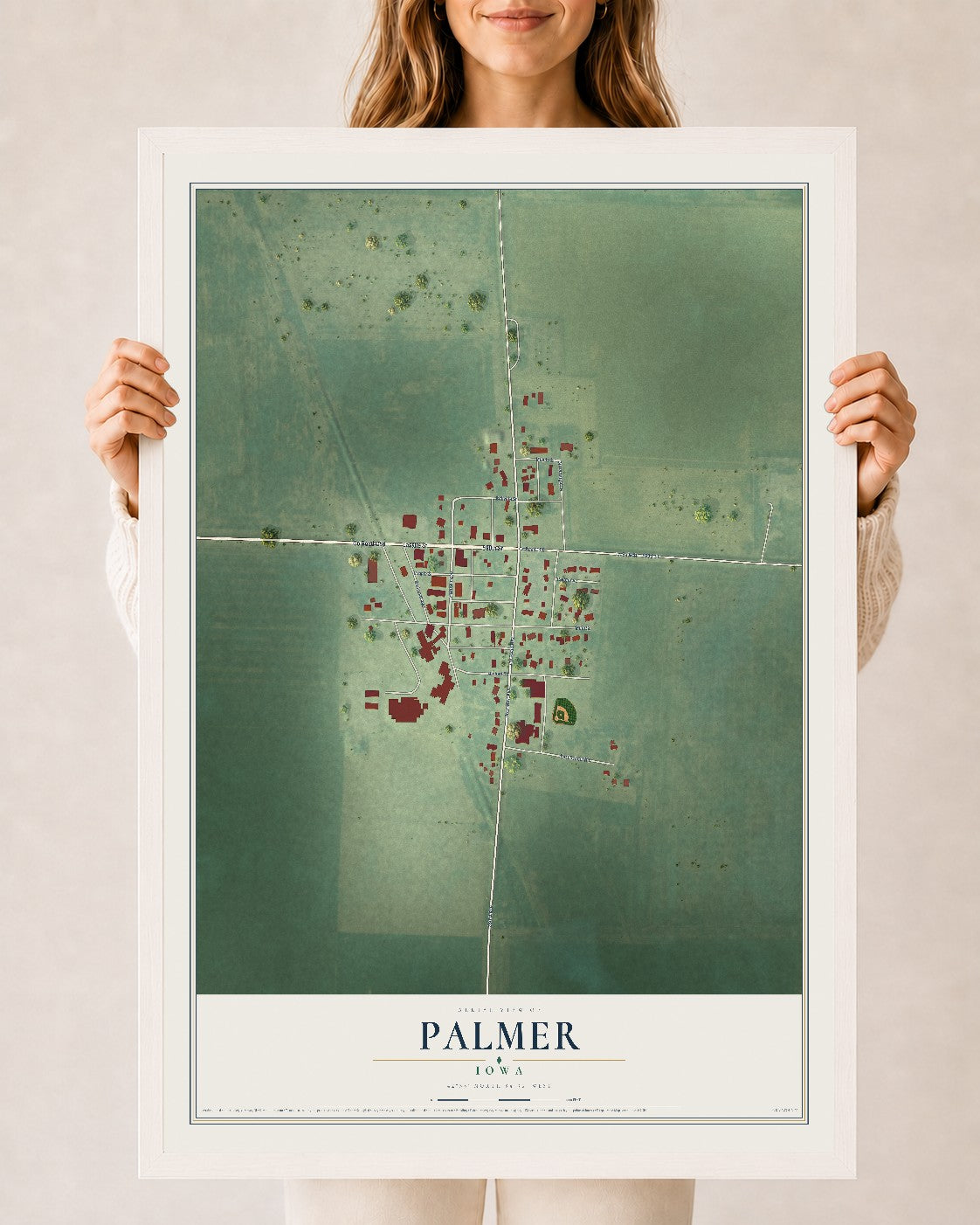 Map of Palmer, Iowa, 24 x 36 inch print in a white wood frame