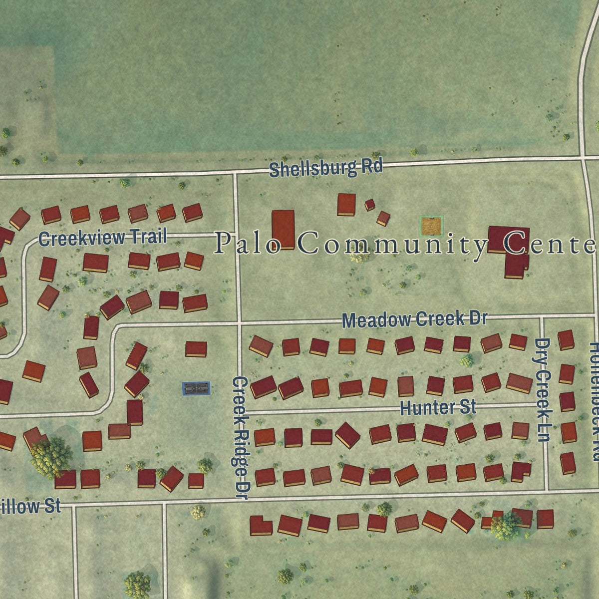 Second close-up of the map of Palo, Iowa print showing more streets and buildings