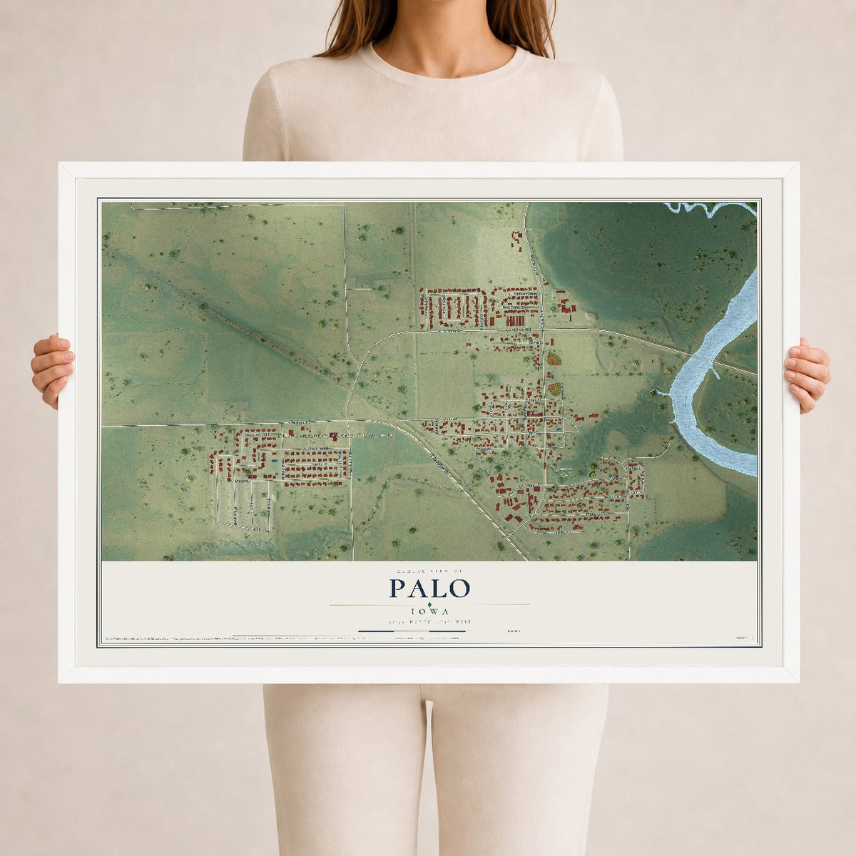 Map of Palo, Iowa, 24 x 36 inch print in a white wood frame