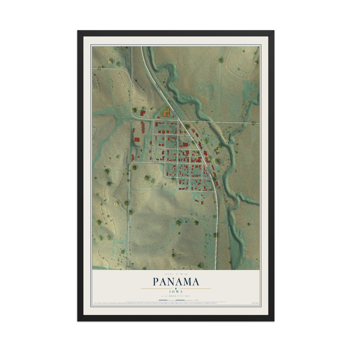 Map of Panama, Iowa, 12 x 18 inch print in a black wood frame