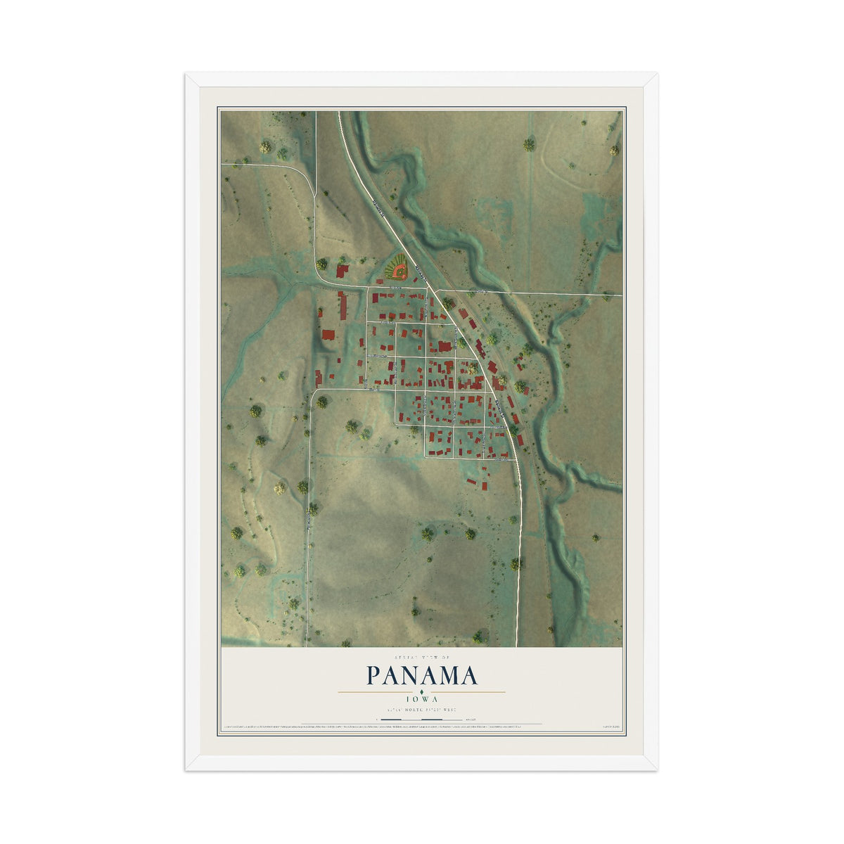 Map of Panama, Iowa, 12 x 18 inch print in a white wood frame