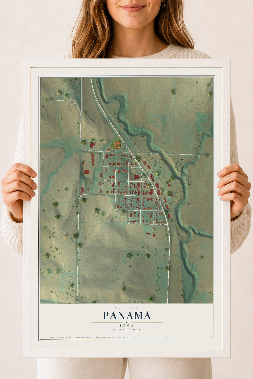 Map of Panama, Iowa, 18 x 24 inch print in a white wood frame