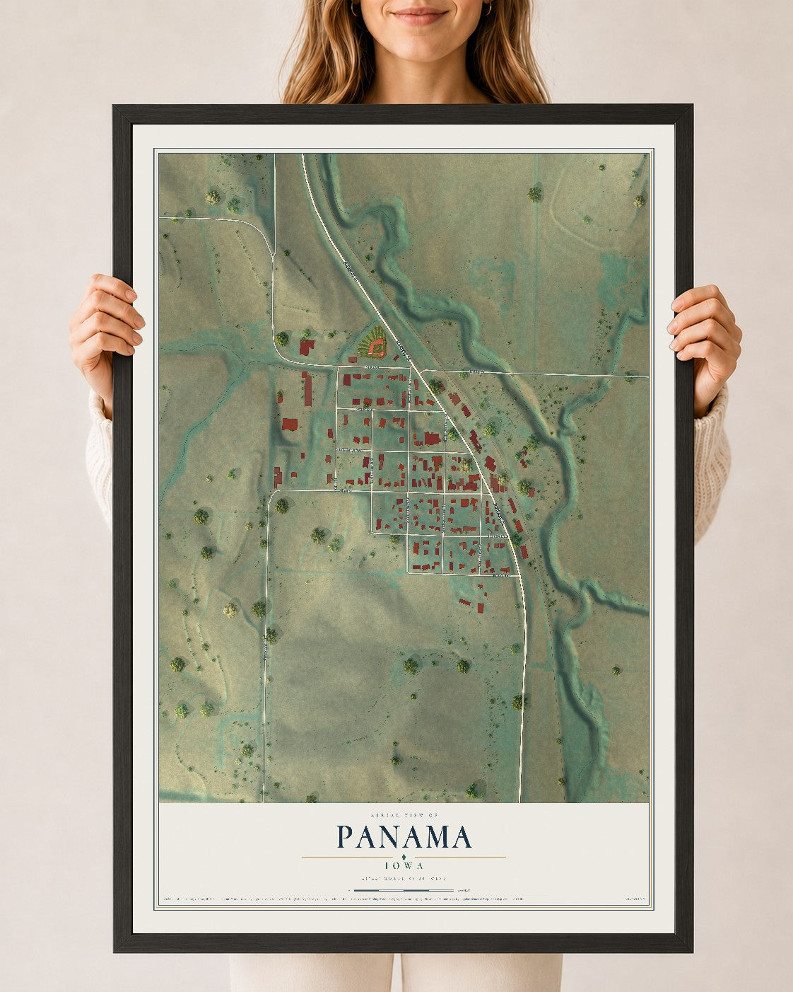 Map of Panama, Iowa, 24 x 36 inch print in a black wood frame