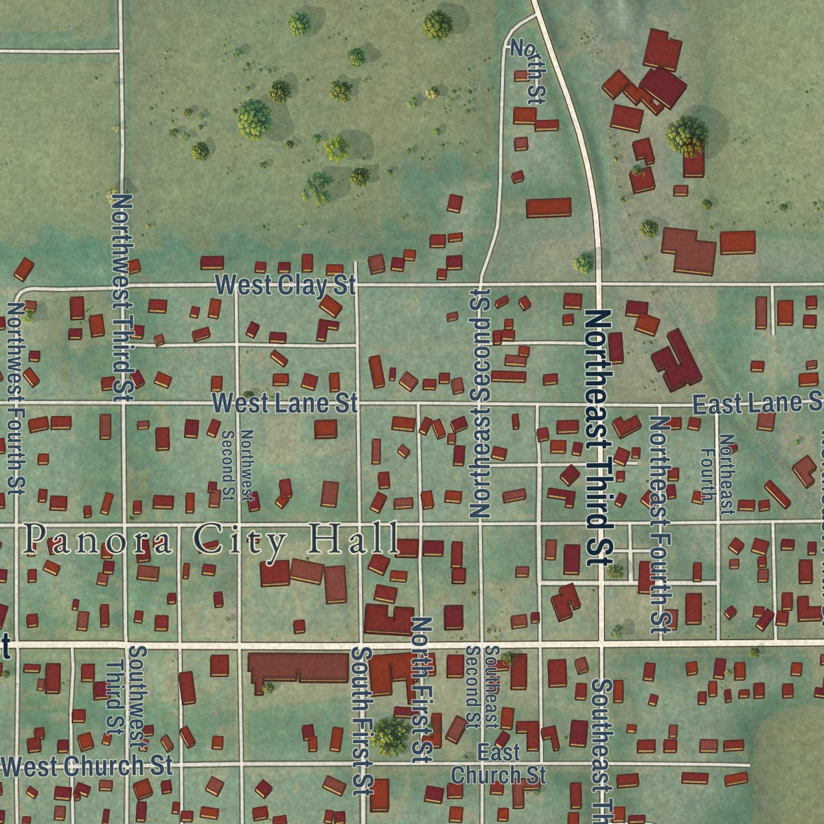 Close-up of the map of Panora, Iowa print showing street and building detail