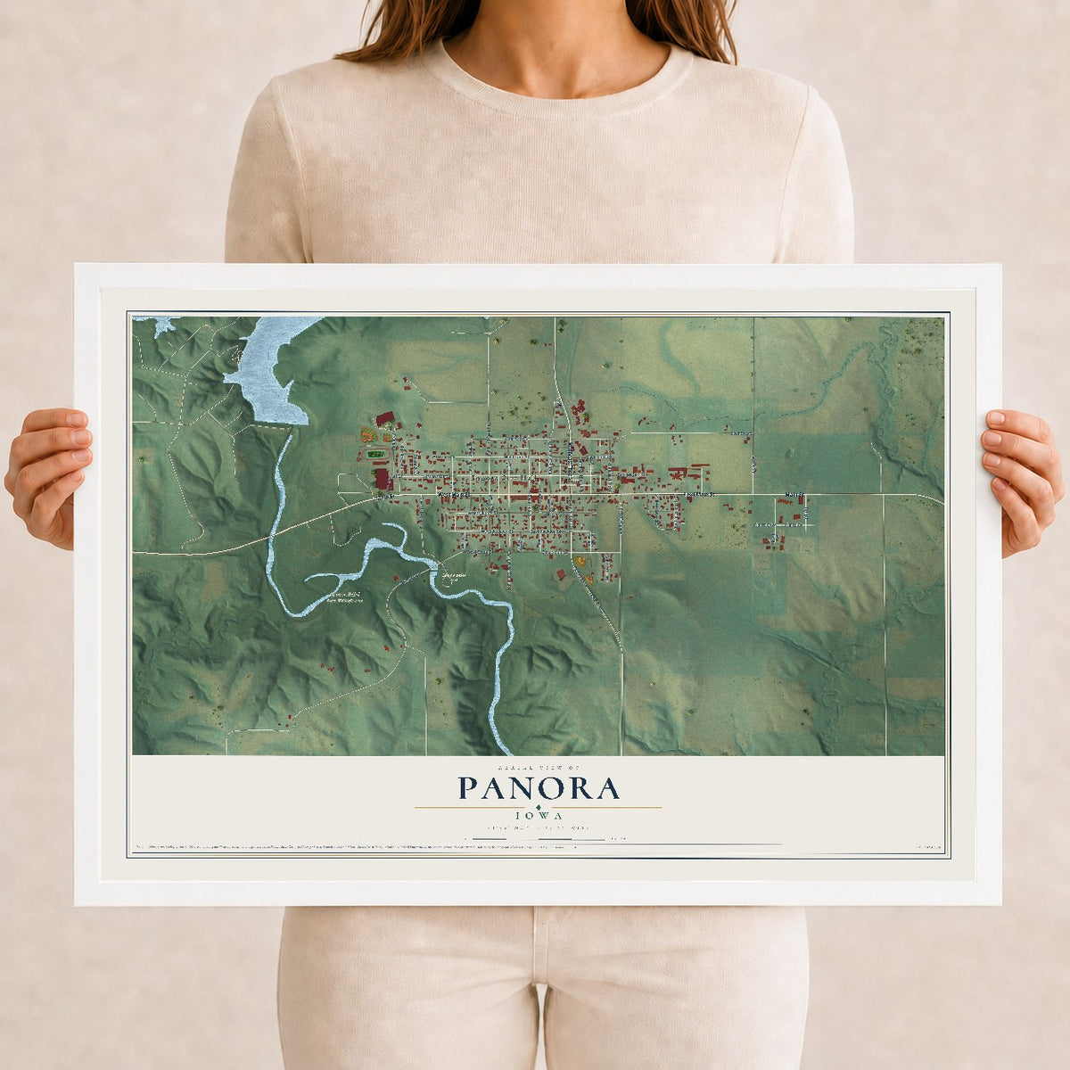 Map of Panora, Iowa, 12 x 18 inch print in a white wood frame