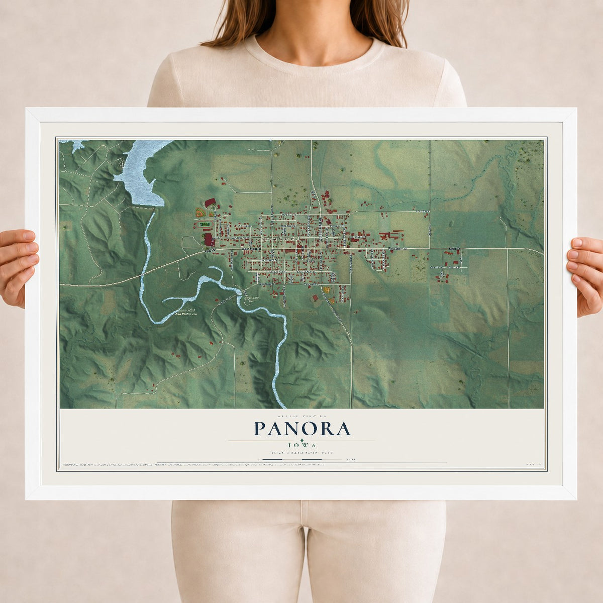 Map of Panora, Iowa, 18 x 24 inch print in a white wood frame
