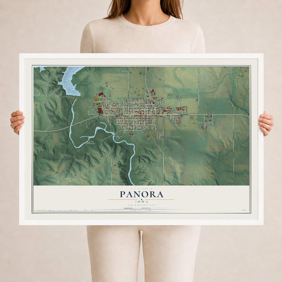 Map of Panora, Iowa, 24 x 36 inch print in a white wood frame