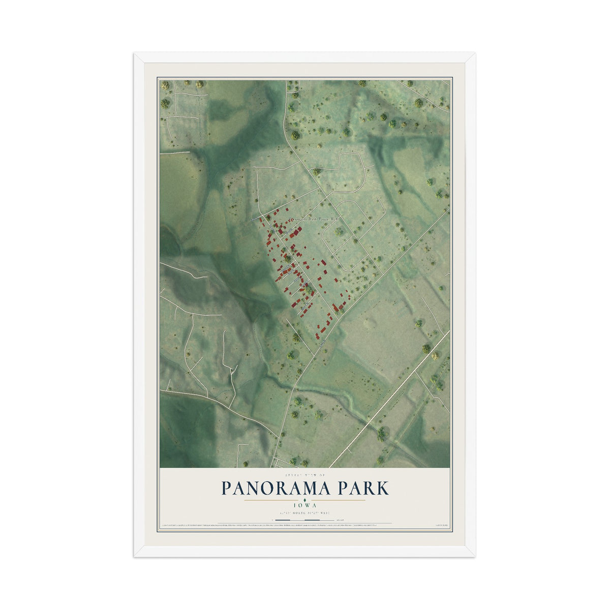 Map of Panorama Park, Iowa, 12 x 18 inch print in a white wood frame