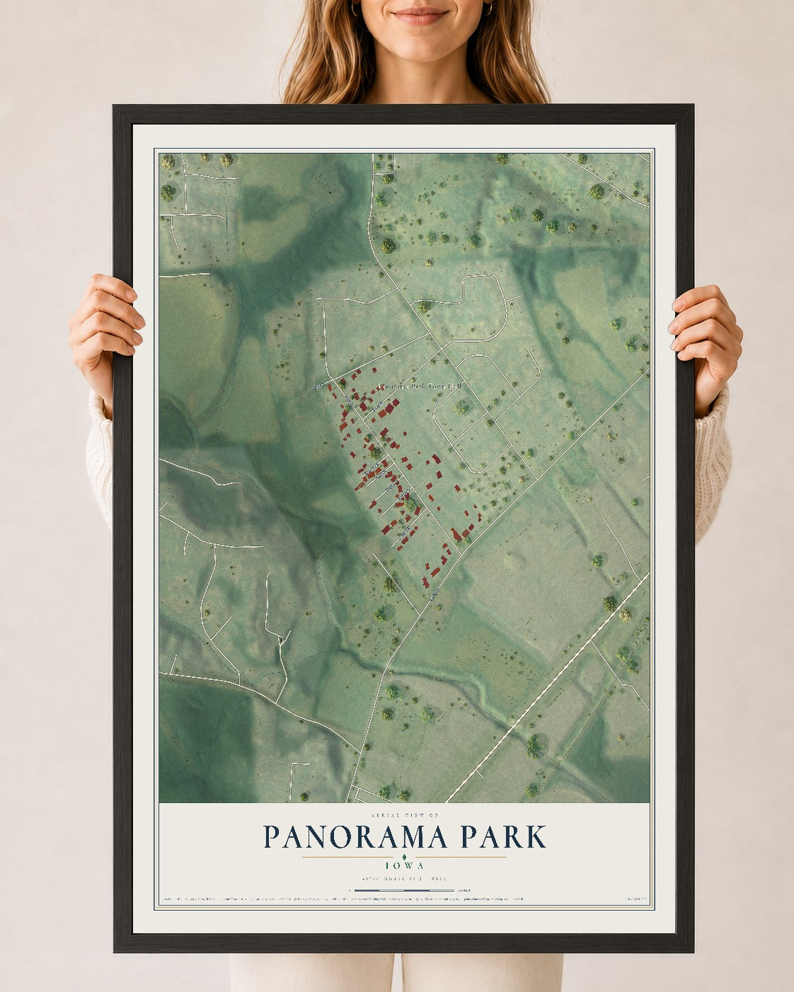 Map of Panorama Park, Iowa, 24 x 36 inch print in a black wood frame