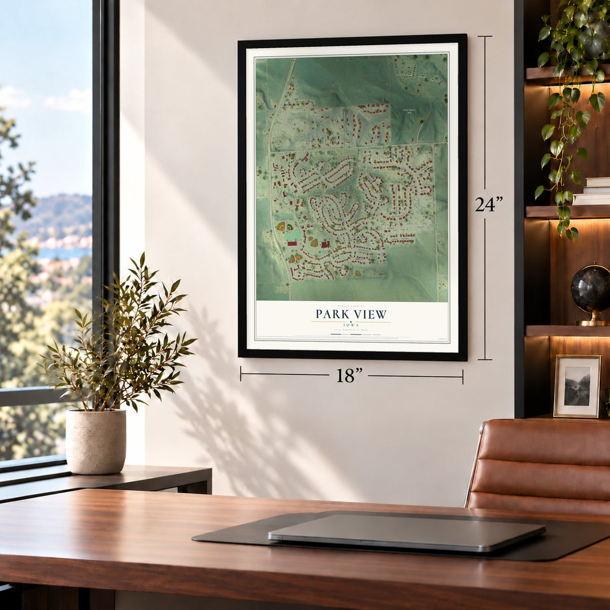 Park View, Iowa map, 18 x 24 inch print in a black frame in a home office