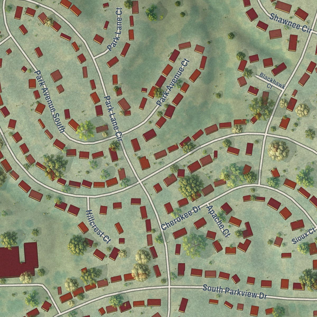 Close-up of the map of Park View, Iowa print showing street and building detail