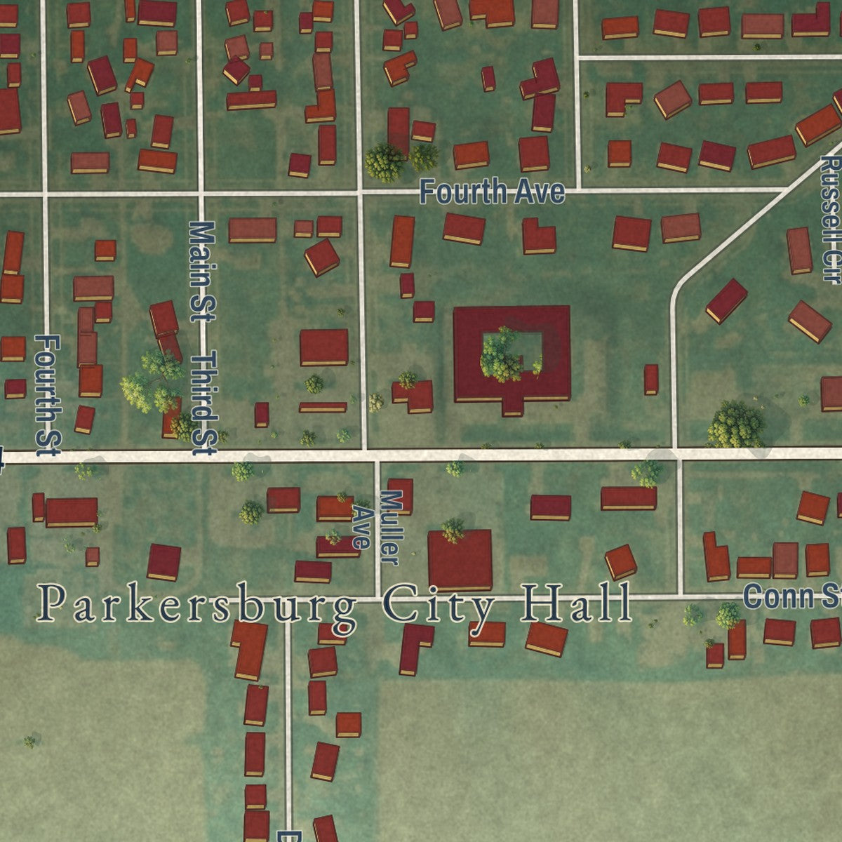 Second close-up of the map of Parkersburg, Iowa print showing more streets and buildings