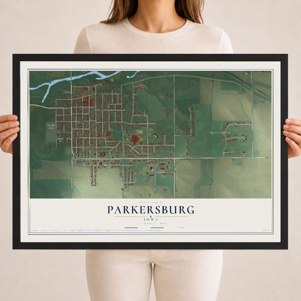 Map of Parkersburg, Iowa, 18 x 24 inch print in a black wood frame