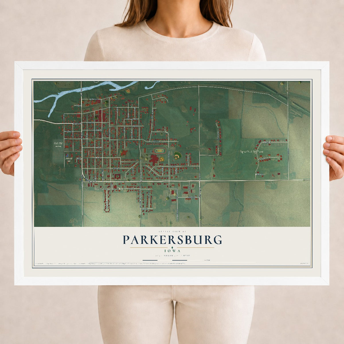 Map of Parkersburg, Iowa, 18 x 24 inch print in a white wood frame