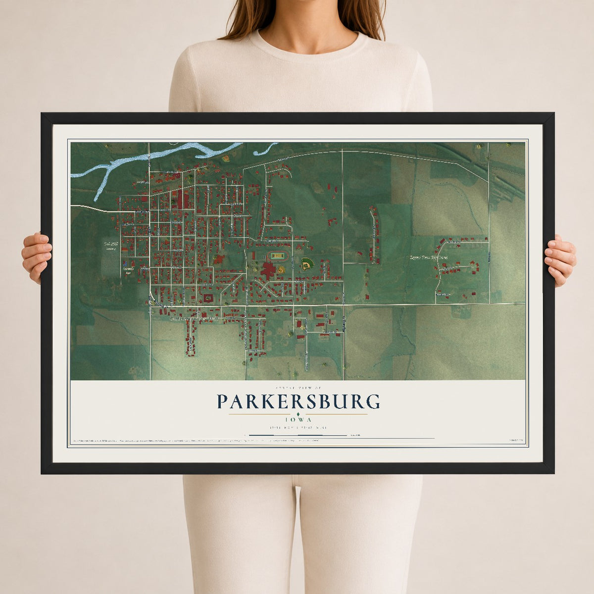 Map of Parkersburg, Iowa, 24 x 36 inch print in a black wood frame