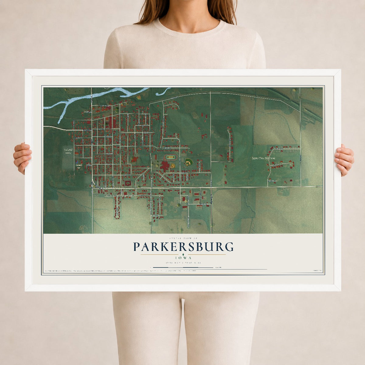 Map of Parkersburg, Iowa, 24 x 36 inch print in a white wood frame