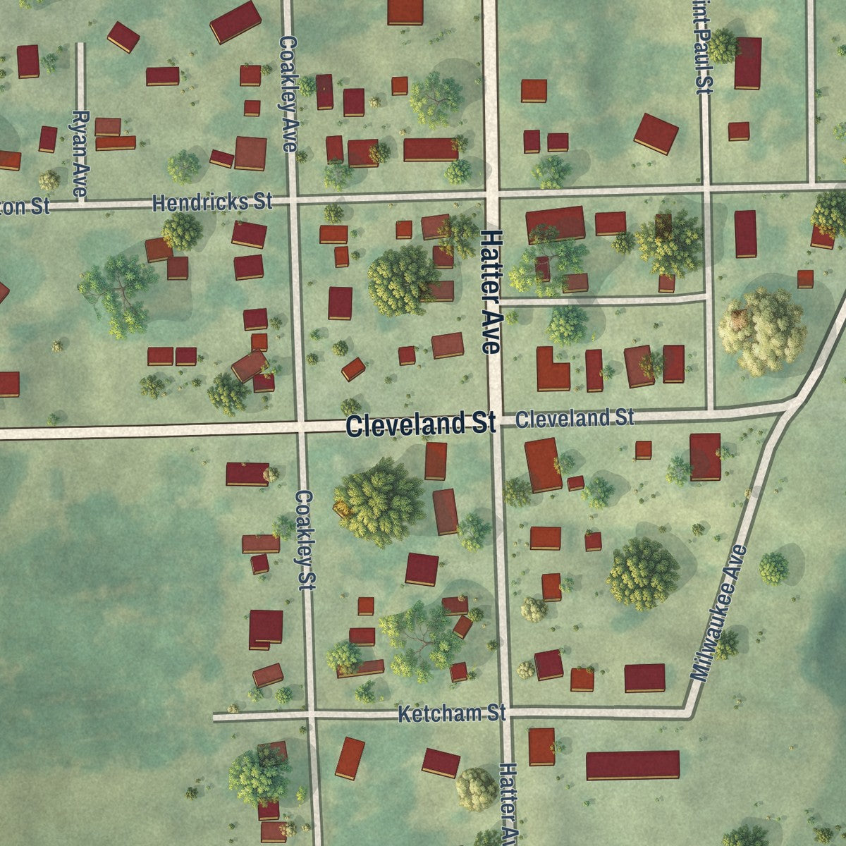 Close-up of the map of Parnell, Iowa print showing street and building detail